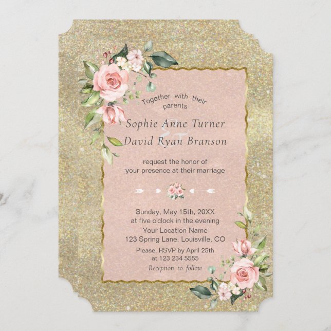 Luxury Pink Blush Flowers Gold Glitter Wedding Invitation (Front/Back)