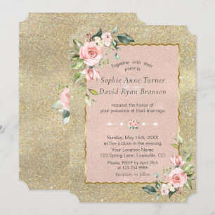 Luxury Pink Blush Flowers Gold Glitter Wedding Invitation