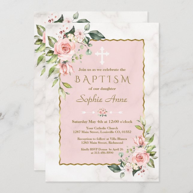 Luxury Pink Blush Flowers Gold Marble Baptism Invitation (Front/Back)