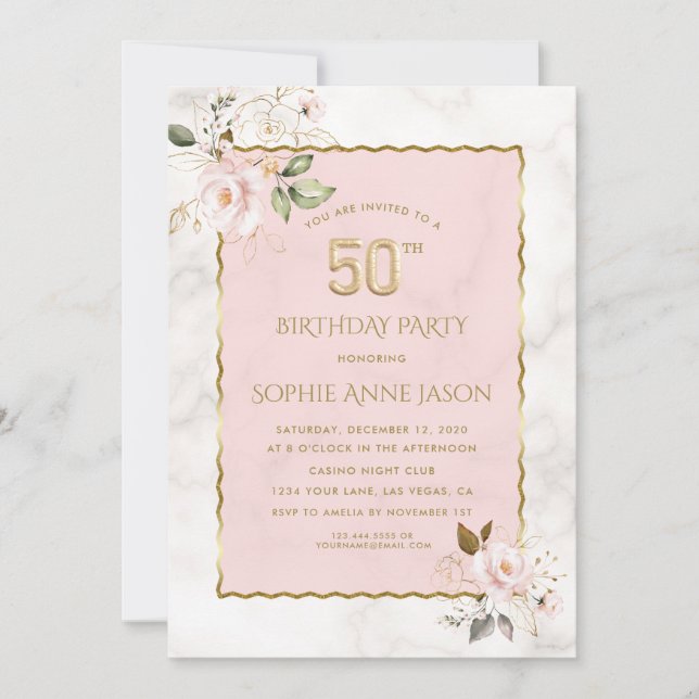 Luxury Pink Blush Flowers Marble 50th Birthday  Invitation (Front)