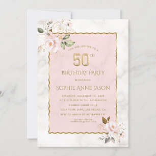 Luxury Pink Blush Flowers Marble 50th Birthday  Invitation