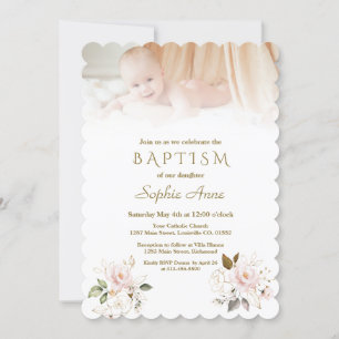 Luxury Pink Blush Gold Flowers Photo Baptism Invitation