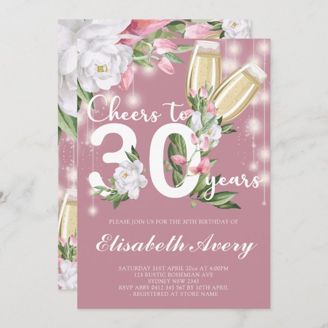 Luxury Pink Champagne Floral 30th Birthday Party Invitation (Front/Back)