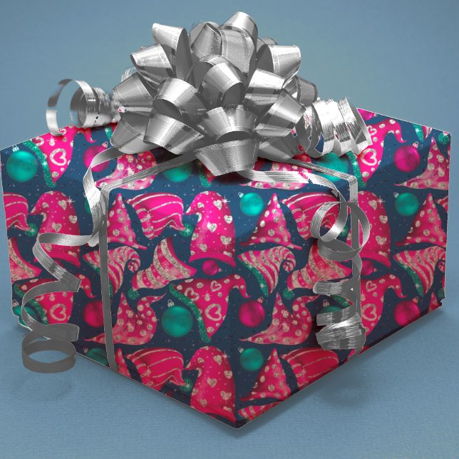 Luxury pink faux glitter gnomes hats Christmas Wrapping Paper Sheet (Creator Uploaded)