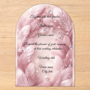 Luxury Pink Feather & Diamonds Arch Wedding Acrylic Invitations
