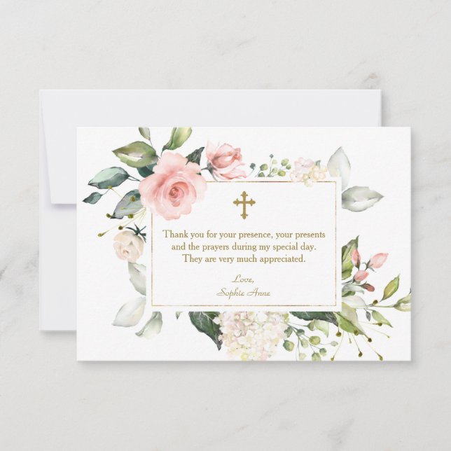 Luxury Pink Floral Frame Gold Cross Girl Baptism Thank You Card (Front)