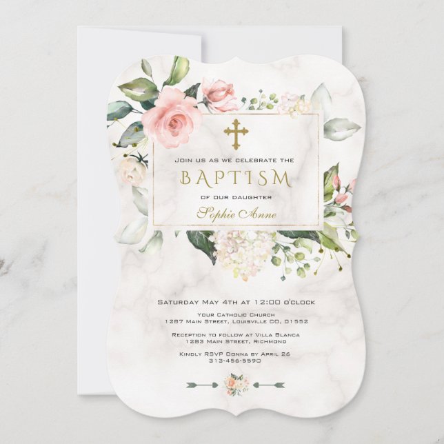 Luxury Pink Floral Frame Marble Gold Cross Baptism Invitation (Front)