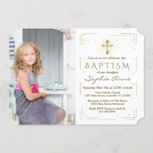 Luxury Pink Floral Gold Glitter Photo Girl Baptism Invitation