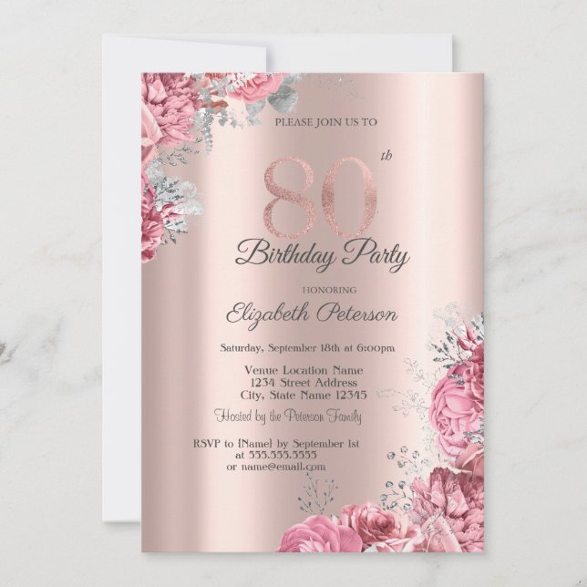Luxury Pink Floral Rose Gold 80th Birthday Party Invitation (Front)