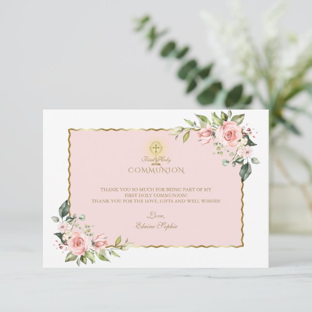 Luxury Pink Flowers Gold First Holy Communion Thank You Card (Standing Front)