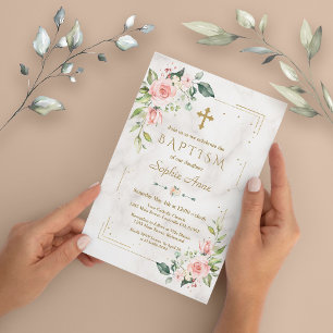 Luxury  Pink Flowers Gold Glitter Marble Baptism Invitation