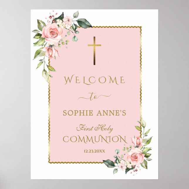 Luxury Pink Flowers Holy Communion Welcome Sign (Front)