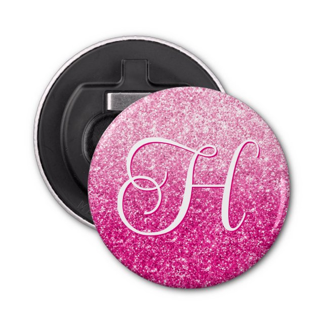 Luxury Pink Glitter Gradient Monogram Bottle Opener (Front)
