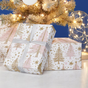 Luxury Pink & Gold Christmas Tree Pattern Holiday Wrapping Paper