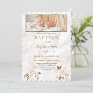 Luxury Pink Gold Flowers Marble Girl Photo Baptism Invitation
