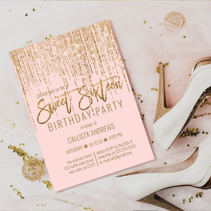 Luxury Pink Gold Glitter Fringe Curtain Sweet 16 Invitation