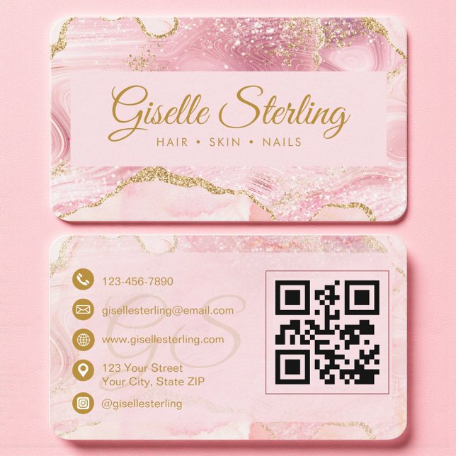 Luxury Pink & Gold Marble QR Code Business Card (Creator Uploaded)