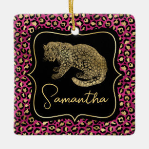 Luxury Pink Leopard Print Gold Animal Monogram Ceramic Ornament