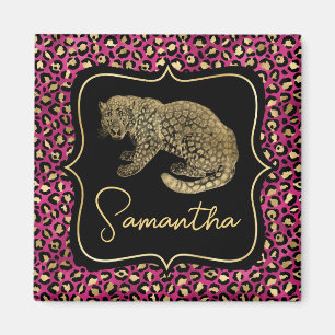 Luxury Pink Leopard Print Gold Animal Monogram Magnet