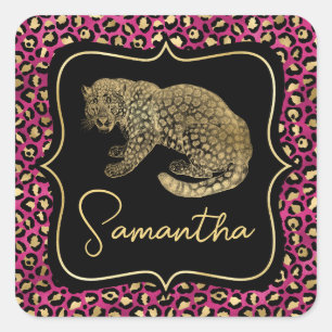 Luxury Pink Leopard Print Gold Animal Monogram Square Sticker