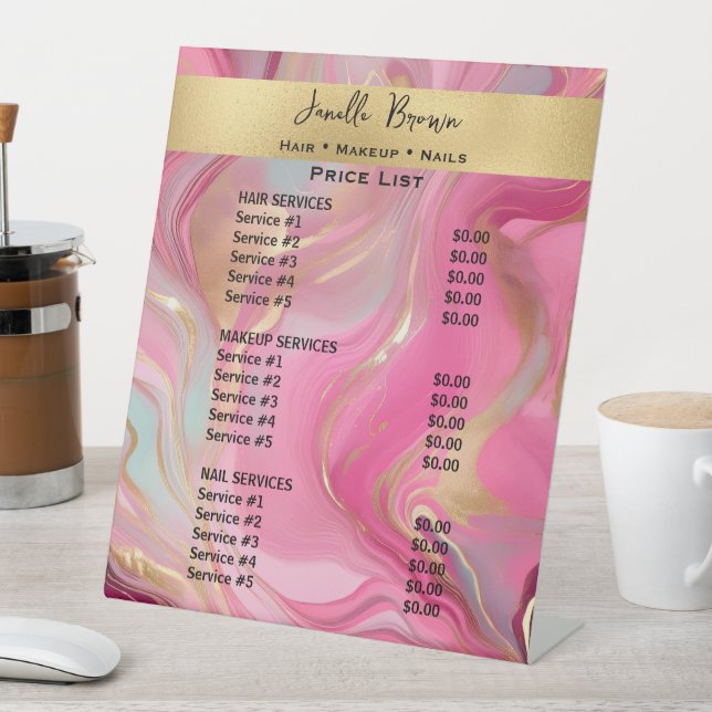 Luxury Pink Marble & Gold Beauty Salon Price List Pedestal Sign (In SItu)