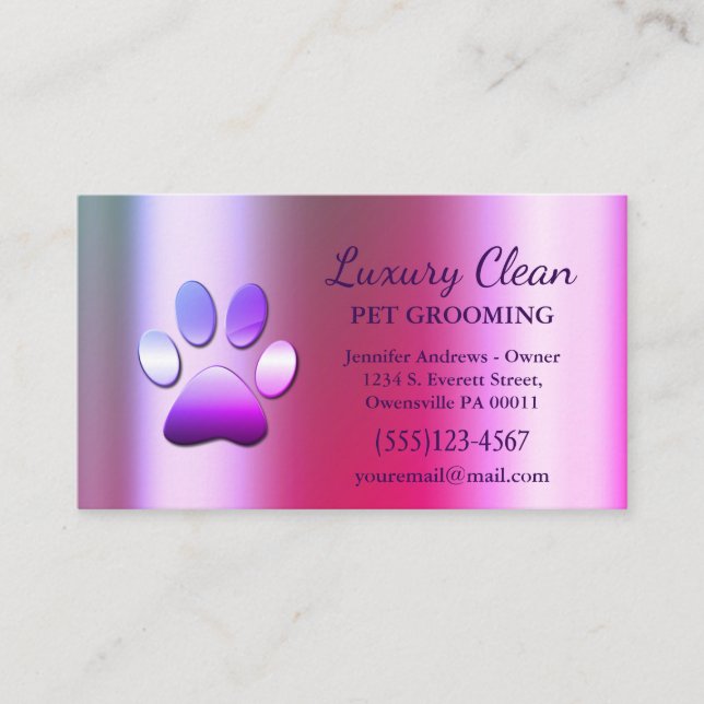 Luxury Pink Metallic Dog Paw Grooming Service Business Card (Front)