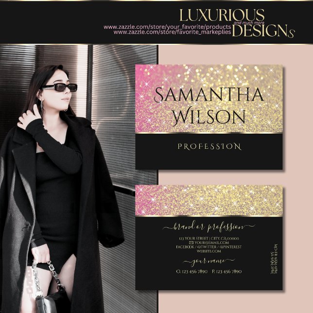 Luxury Pink Purple and Gold Glitter Stars Stylish Business Card (Creator Uploaded)