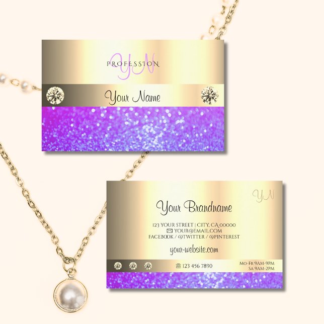Luxury Pink Purple Glitter Monogram Luminous Gold Business Card (Creator Uploaded)