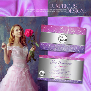 Luxury Pink Purple Glitter Stars and Logo Silver Business Card