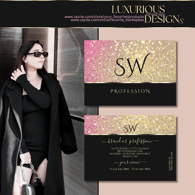 Luxury Pink Purple Gold Glitter Stars and Initials Business Card (Creator Uploaded)