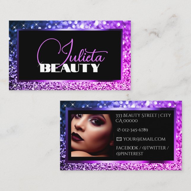 Luxury Pink Purple Sparkle Glitter Photo Template Business Card (Front/Back)