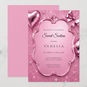 Luxury Pink Rhinestones Glitter Sweet 16 Invitation