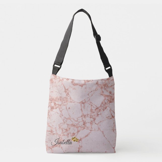 Luxury Pink Rose Blush Glitter Marble Add Text Crossbody Bag (Front)