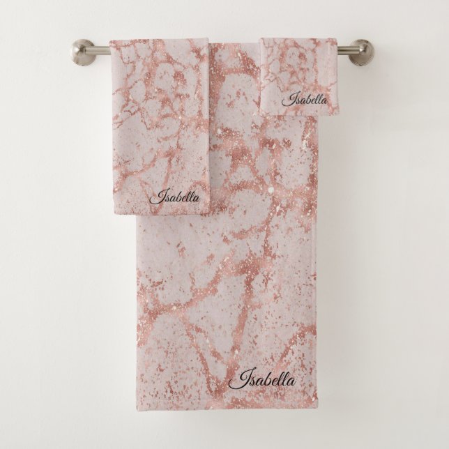 Luxury Pink Rose Blush Glitter Marble Customise Bath Towel Set (Insitu)