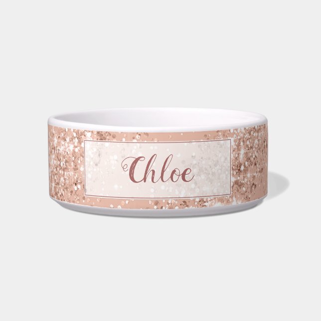 Luxury Pink Rose Gold Glitter Monogram Pet Bowl (Front)
