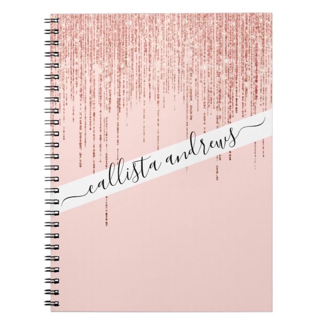 Luxury Pink Rose Gold Sparkly Glitter Fringe Notebook (Front)