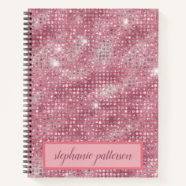 Luxury Pink Shimmering Sequins Custom Name Notebook (Front)