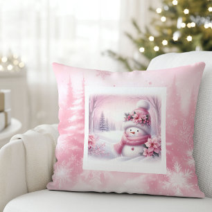 Luxury Pink Snowman Winter Scene Kids Room Pillow