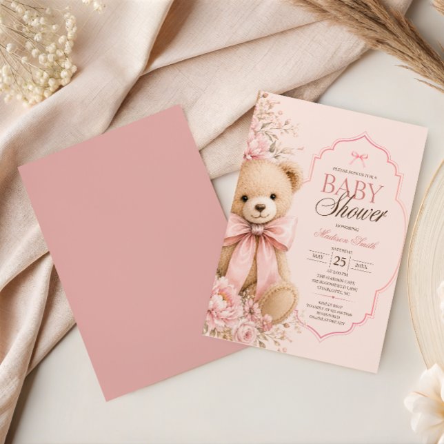 Luxury Pink Teddy Bear Bow Baby Shower Invitation (Creator Uploaded)