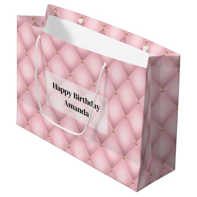 Luxury Pink Tufted Diamond Pattern Birthday Large Gift Bag (Front Angled)