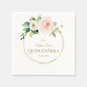 Luxury Pink White Flowers Gold Quinceañera Napkin