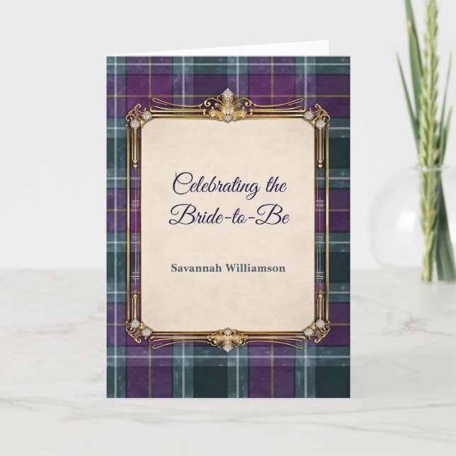 Luxury Plaid Gold Frame Bridal Shower Card (Front)