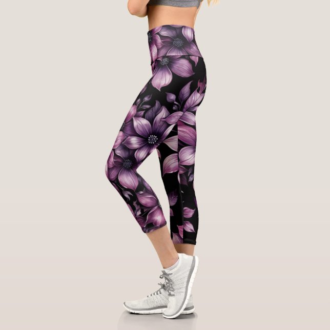 Luxury Plum Floral Yoga Leggings for Women (Left)