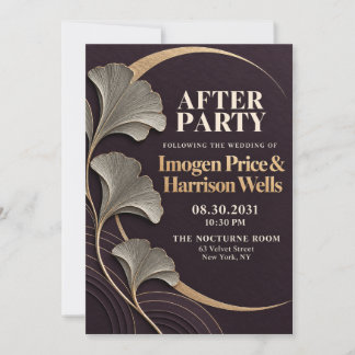 Luxury Plum Gold 3D Ginkgo Wedding After Party Inv Invitation