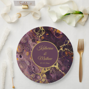 Luxury Plum Purple Marble With Name Paper Plate