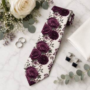 Luxury Plum Rose & Dahlia Floral Wedding Tie