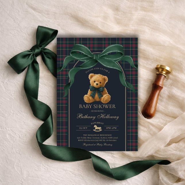 Luxury Polo Teddy Bear Green Bow Plaid Baby Shower Invitation (Creator Uploaded)