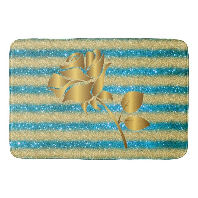 Luxury Popular Floral Blue Gold Glitter Bath Mat (Front)