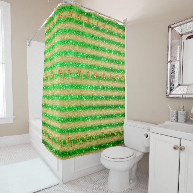 Luxury Popular Floral Green Gold Glitter Shower Curtain (In Situ)