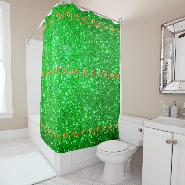 Luxury Popular Floral Green Gold Glitter Shower Curtain (In Situ)